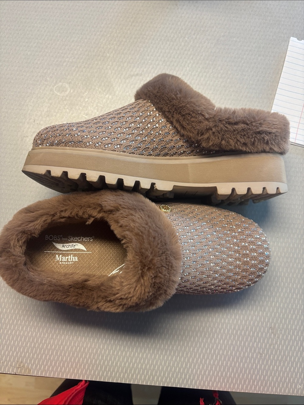 Skechers BOBS Martha Sparkle Knit Fur-Lined Slip-On Clog in Brown